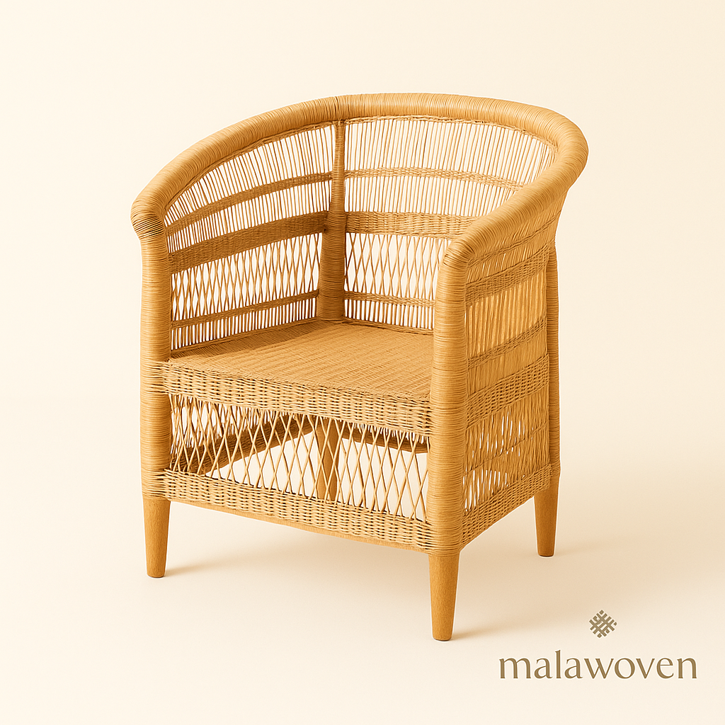 Classic Malawi cane chair showing handwoven craftsmanship and natural finish