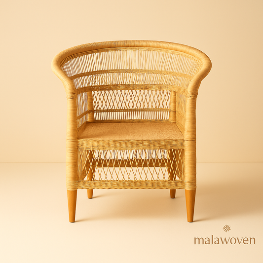Classic Malawi cane chair with natural woven seat and curved backrest - front view