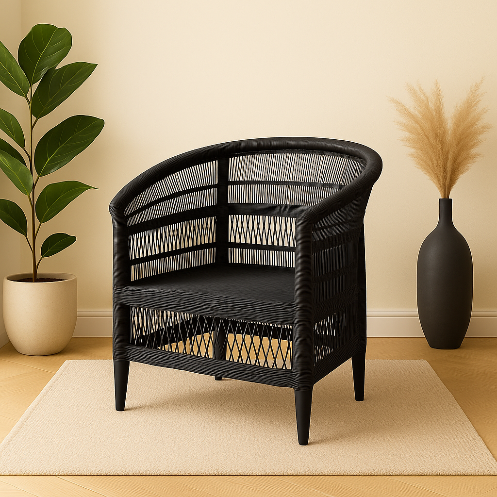 Black woven armchair in a room with a plant and vase on a beige rug.