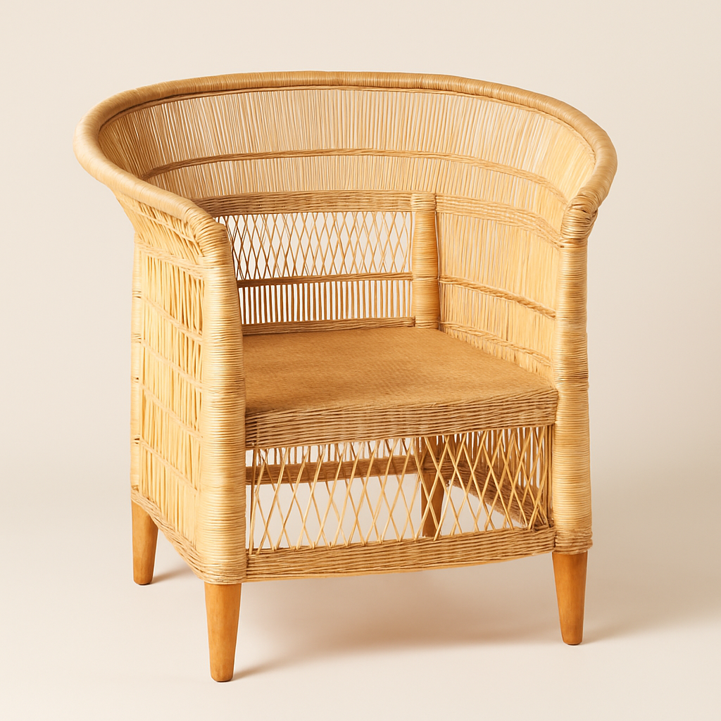 Classic Malawi cane chair side profile displaying ergonomic design