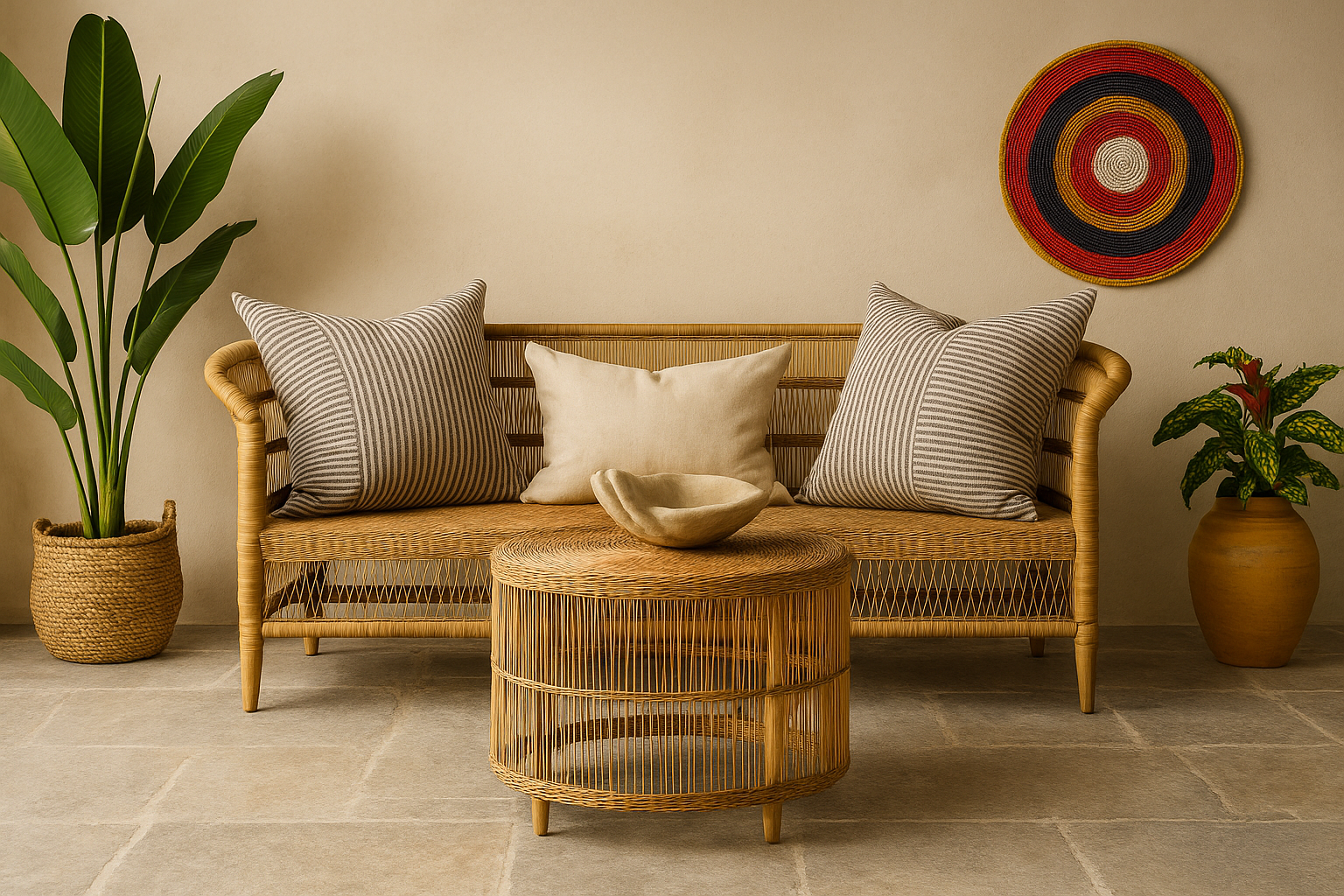 Handcrafted Malawian cane furniture styled in a modern African-inspired living space with colorful accents.