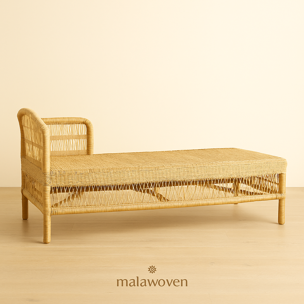 Handwoven Malawi cane daybed bench with natural finish, crafted by artisans, perfect for indoor or outdoor living spaces