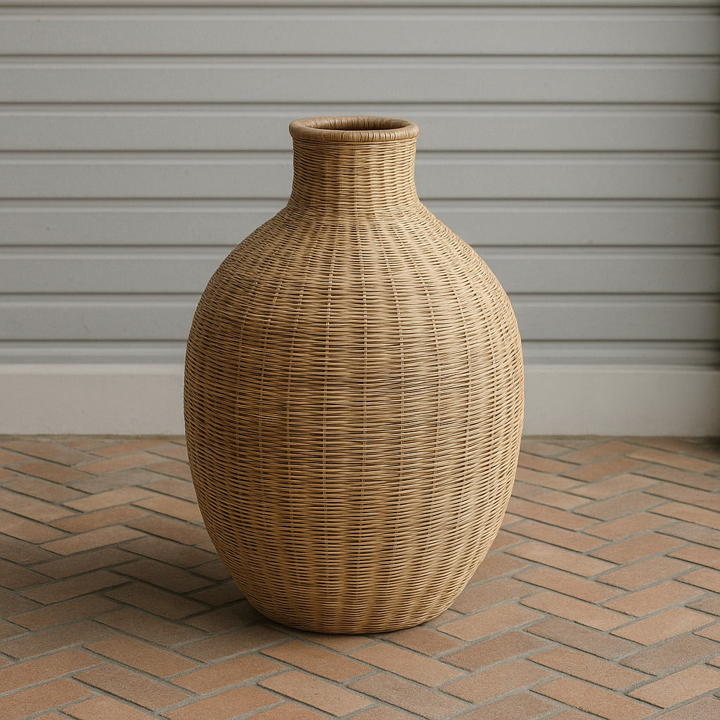 Natural handwoven Malawian vase with rounded silhouette on brick floor background