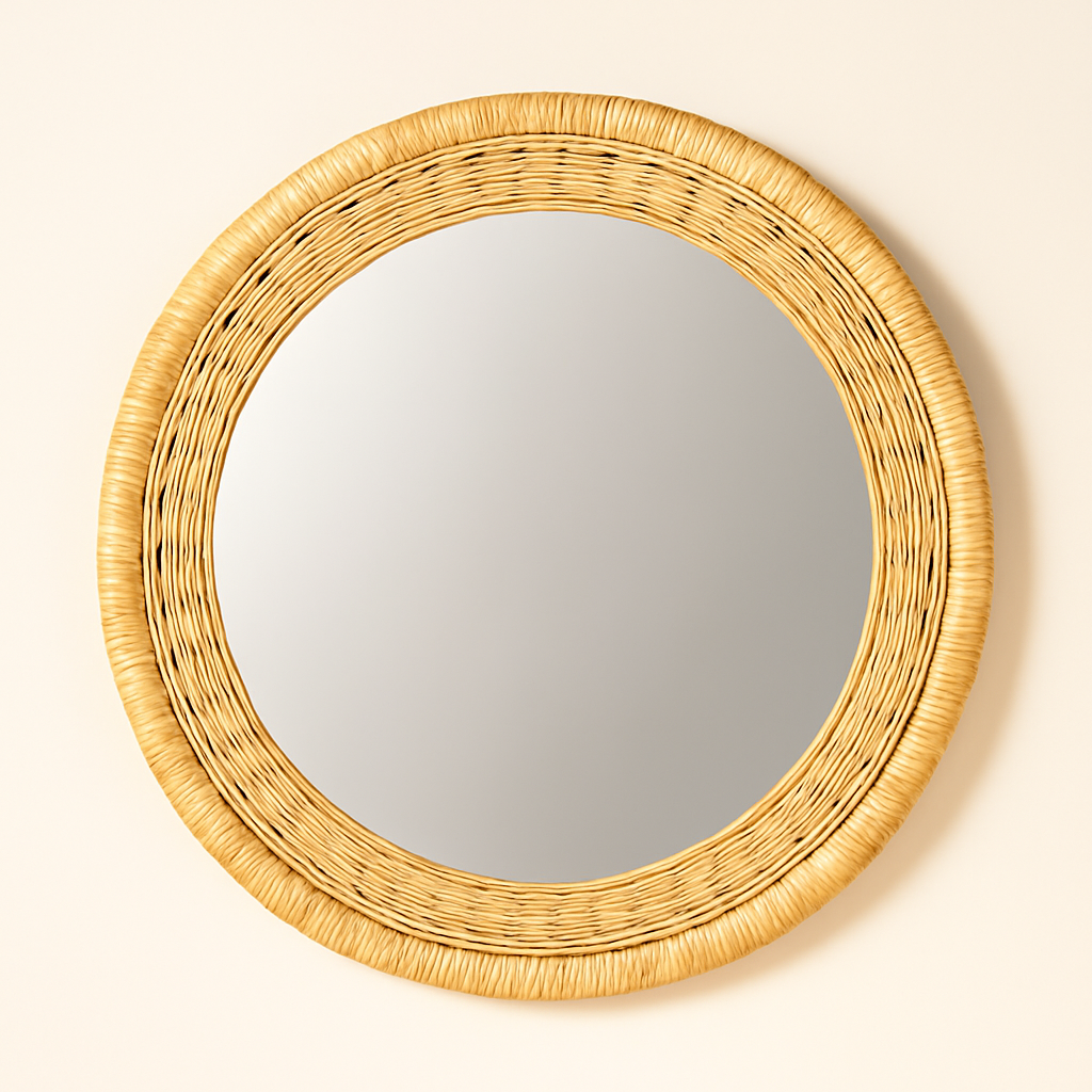 Malawi round wall mirror showing natural texture and circular woven frame