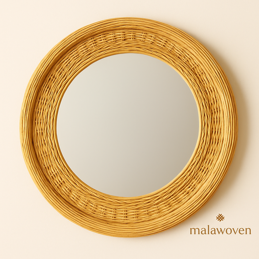 Malawi round wall mirror with handwoven cane frame - branded product shot