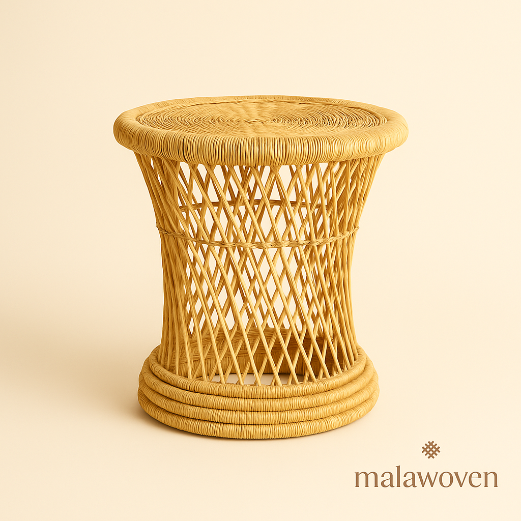 Handcrafted round woven cane side table made in Malawi, perfect for boho and rustic interiors