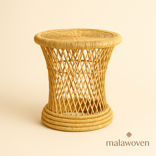 Handcrafted round woven cane side table made in Malawi, perfect for boho and rustic interiors