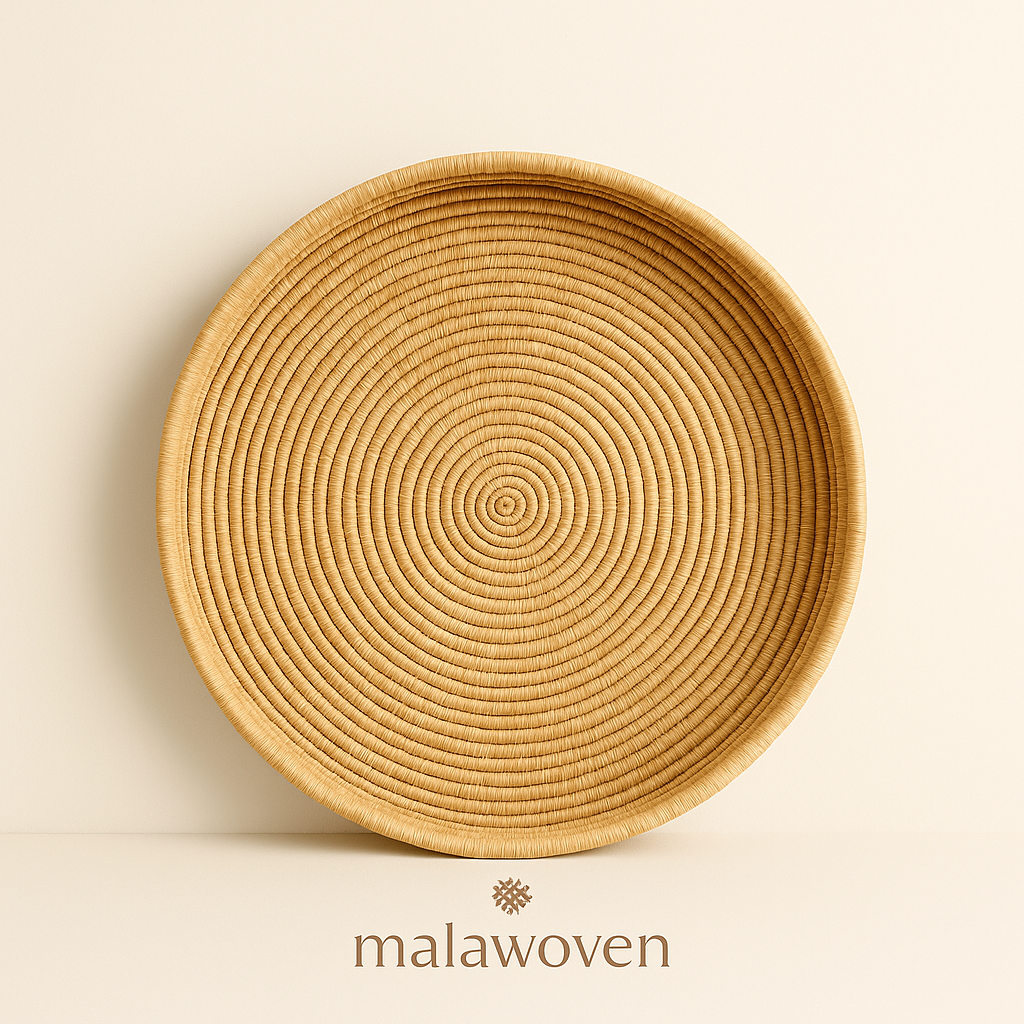 Large round handwoven decorative tray made from natural cane, artisan-crafted in Malawi.