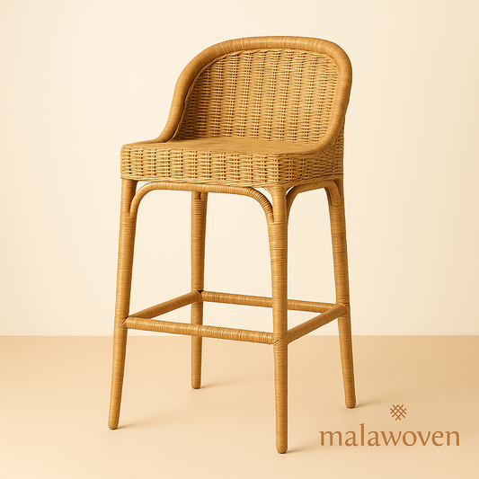 Woven bar stool with curved backrest in styled living space