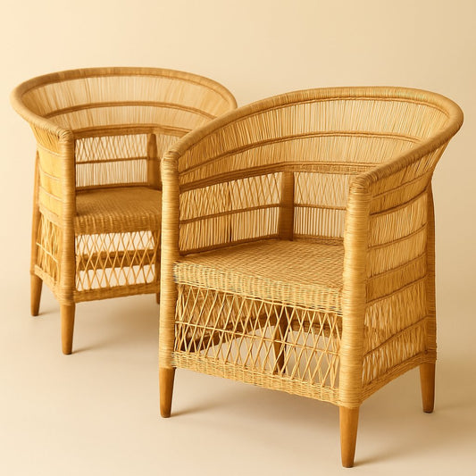 Set of two Malawi cane lounge chairs with wide armrests and comfortable seating