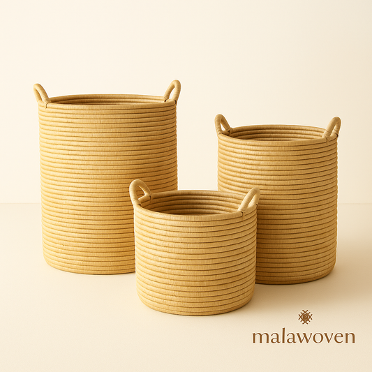 Three Malawi woven storage stools with lids in various sizes - branded view