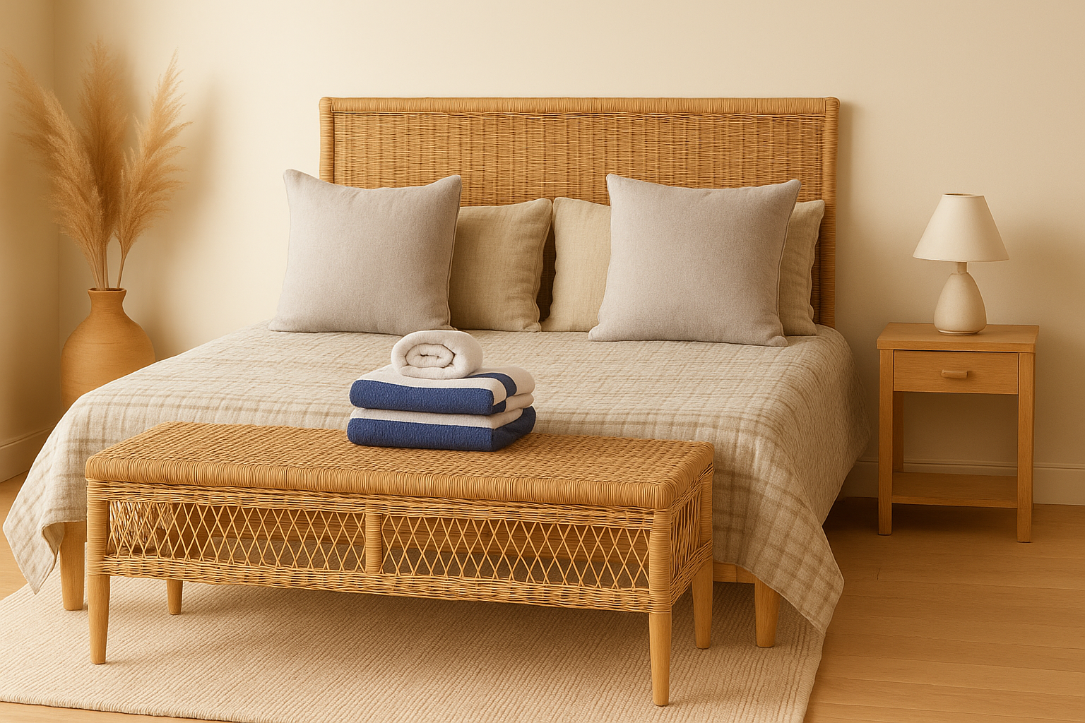 Bedroom with wooden bed, wicker bench, and nightstand.